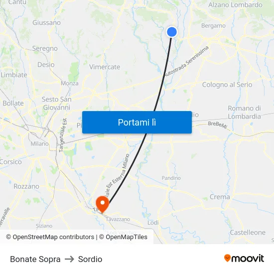 Bonate Sopra to Sordio map