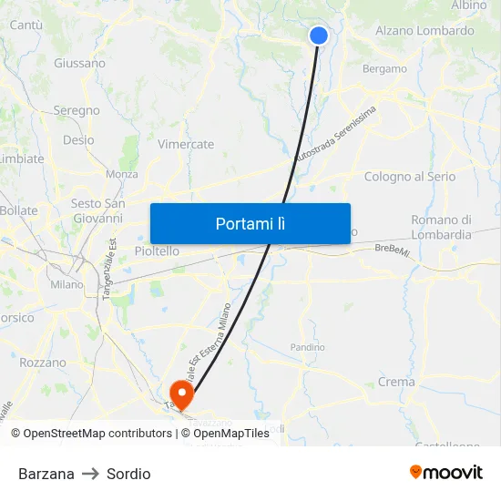 Barzana to Sordio map