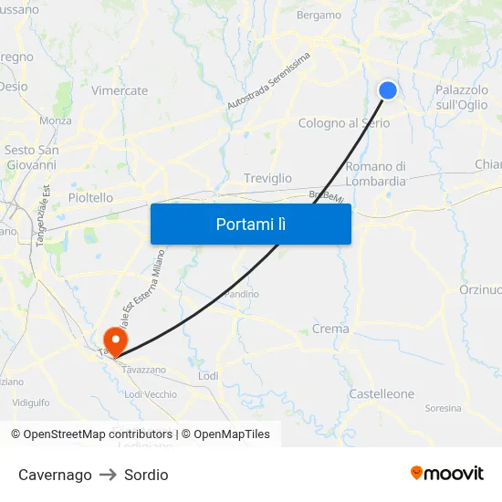 Cavernago to Sordio map