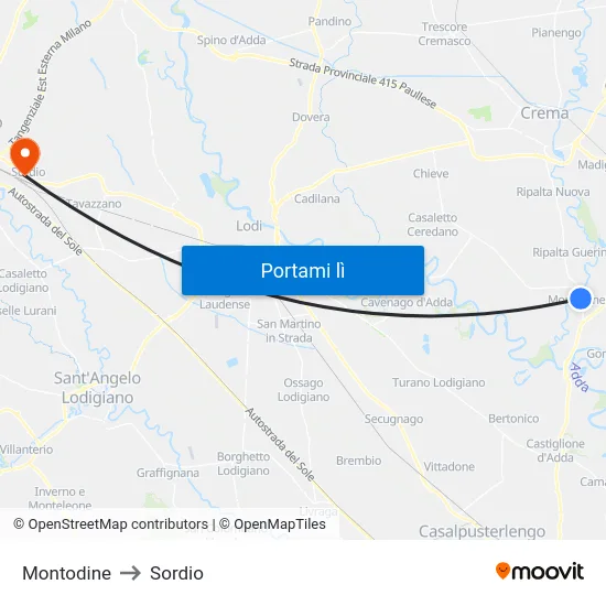 Montodine to Sordio map