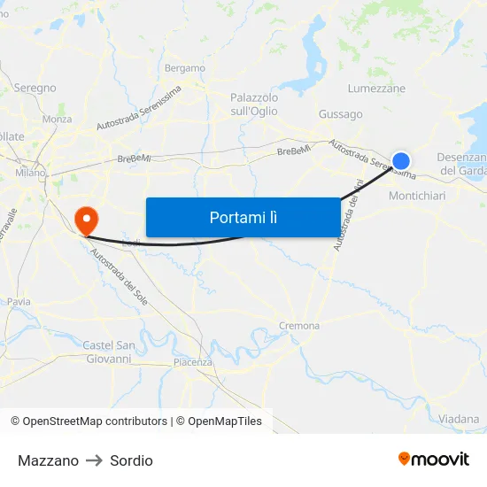 Mazzano to Sordio map