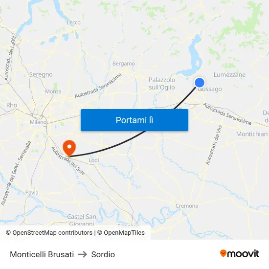 Monticelli Brusati to Sordio map