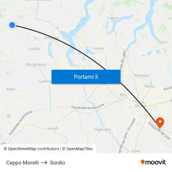 Ceppo Morelli to Sordio map