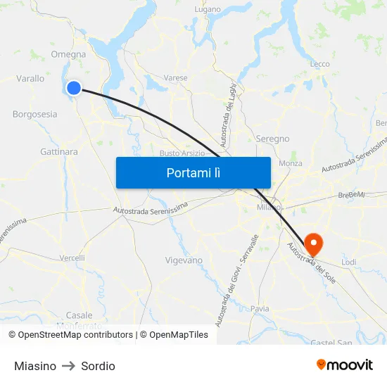 Miasino to Sordio map