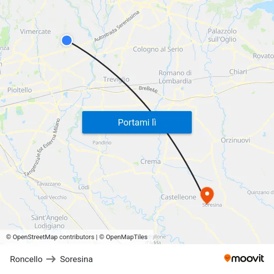 Roncello to Soresina map