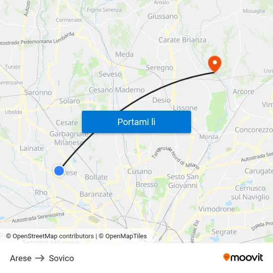 Arese to Sovico map