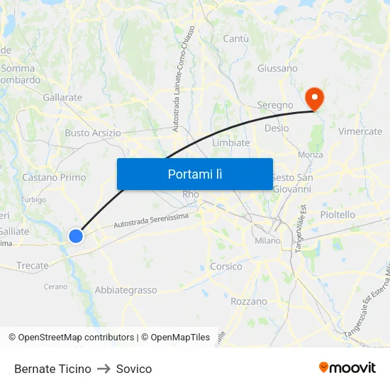 Bernate Ticino to Sovico map