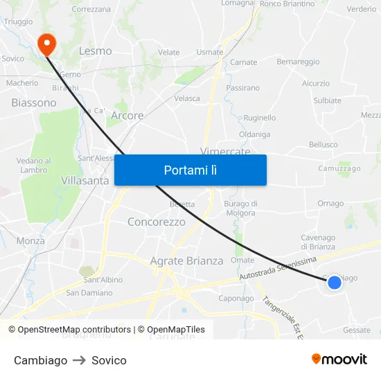Cambiago to Sovico map