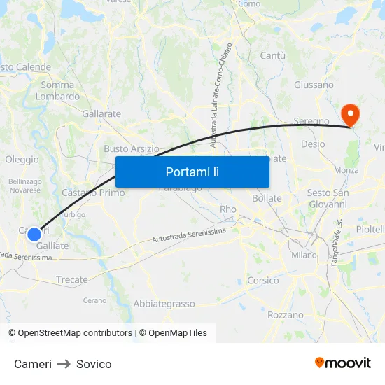 Cameri to Sovico map