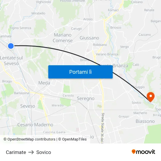 Carimate to Sovico map