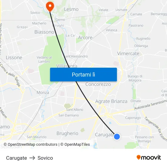 Carugate to Sovico map