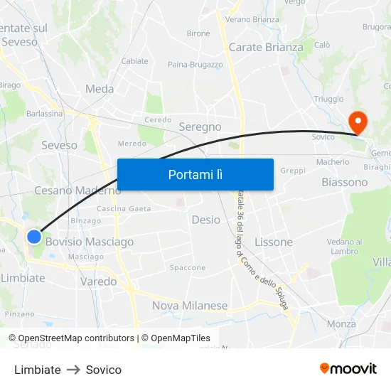 Limbiate to Sovico map