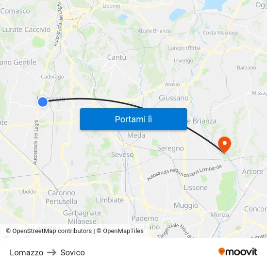 Lomazzo to Sovico map
