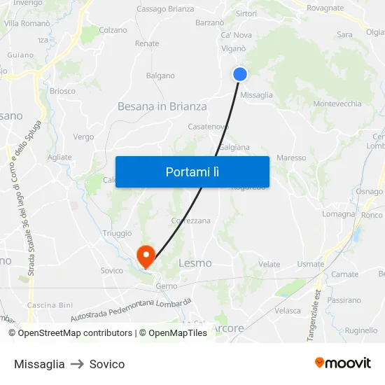Missaglia to Sovico map