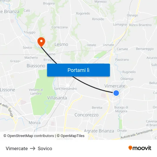 Vimercate to Sovico map