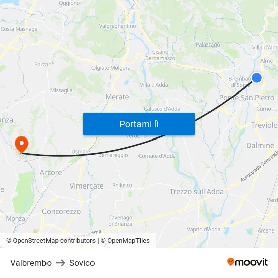 Valbrembo to Sovico map
