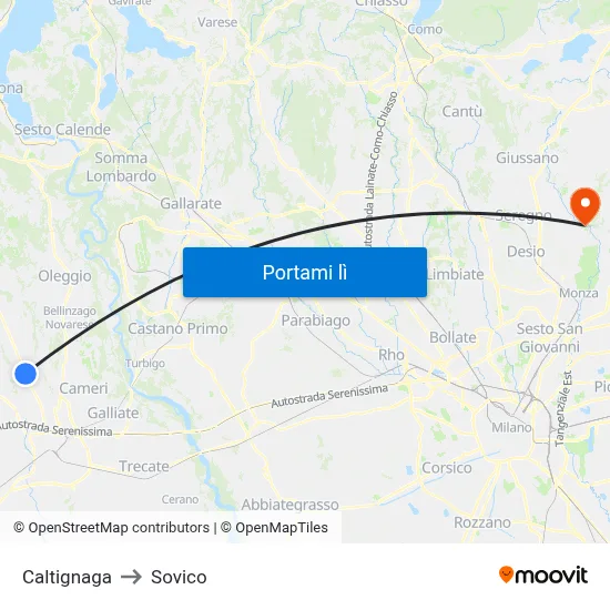 Caltignaga to Sovico map