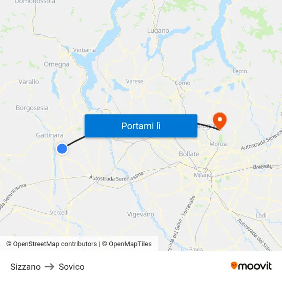 Sizzano to Sovico map
