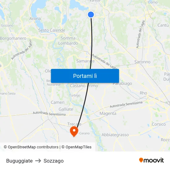 Buguggiate to Sozzago map