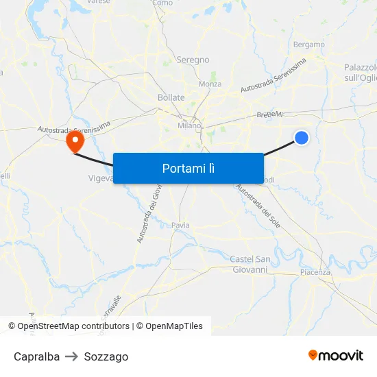 Capralba to Sozzago map