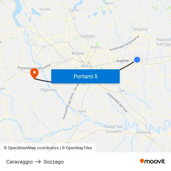 Caravaggio to Sozzago map