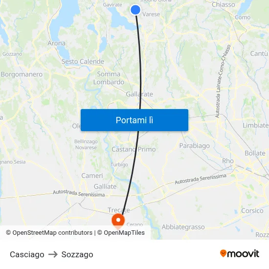 Casciago to Sozzago map