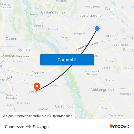 Casorezzo to Sozzago map