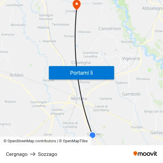 Cergnago to Sozzago map