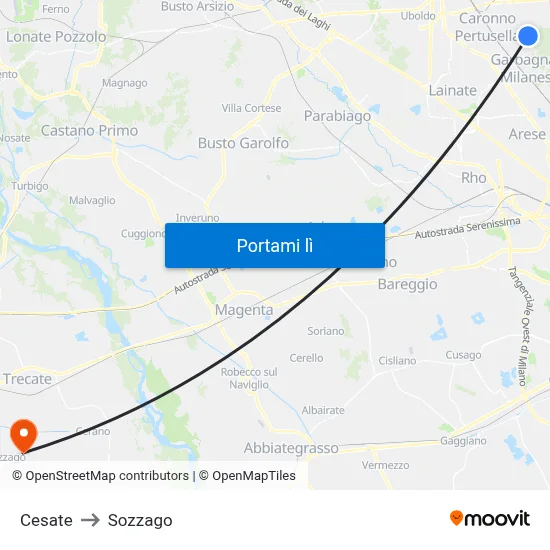 Cesate to Sozzago map