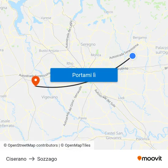 Ciserano to Sozzago map