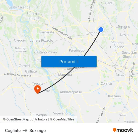 Cogliate to Sozzago map