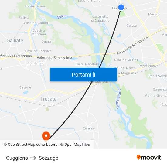 Cuggiono to Sozzago map