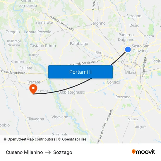 Cusano Milanino to Sozzago map