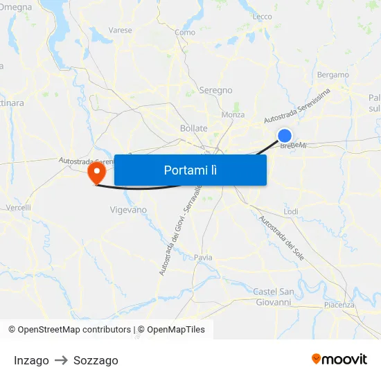 Inzago to Sozzago map