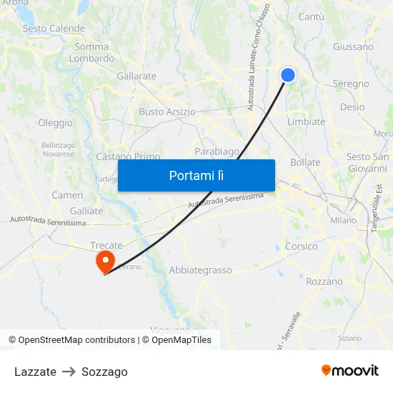 Lazzate to Sozzago map