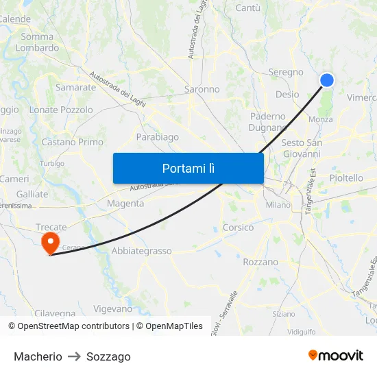 Macherio to Sozzago map
