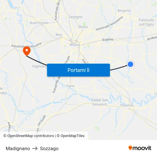 Madignano to Sozzago map
