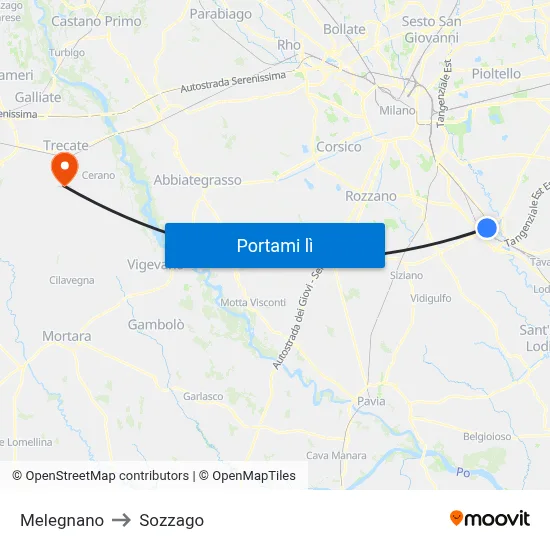 Melegnano to Sozzago map