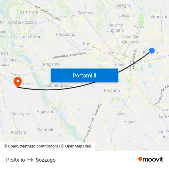 Pioltello to Sozzago map