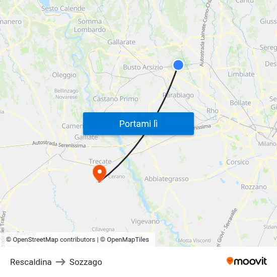 Rescaldina to Sozzago map