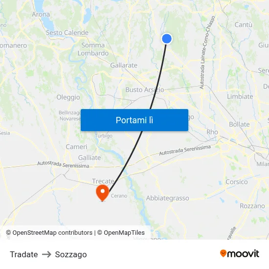 Tradate to Sozzago map
