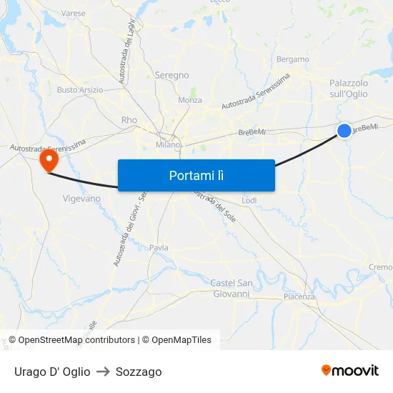 Urago D' Oglio to Sozzago map