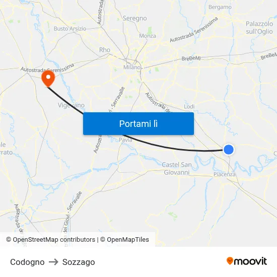 Codogno to Sozzago map