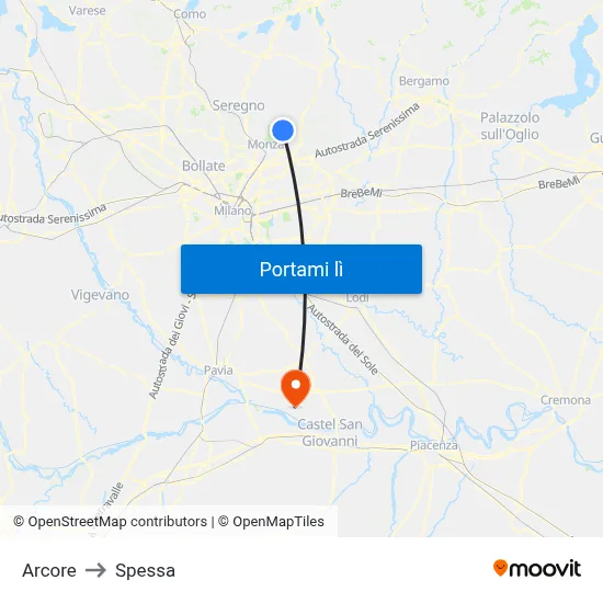 Arcore to Spessa map