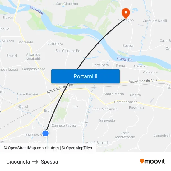 Cigognola to Spessa map