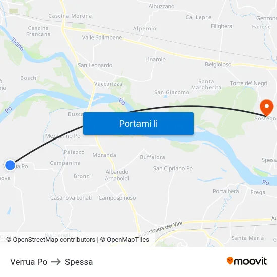 Verrua Po to Spessa map