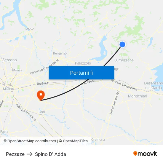 Pezzaze to Spino D' Adda map