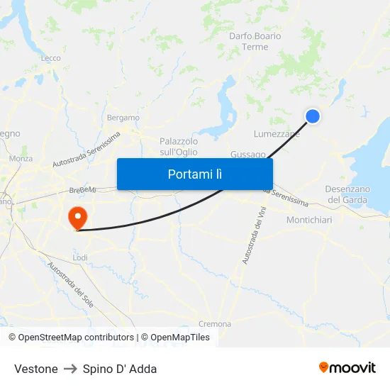 Vestone to Spino D' Adda map