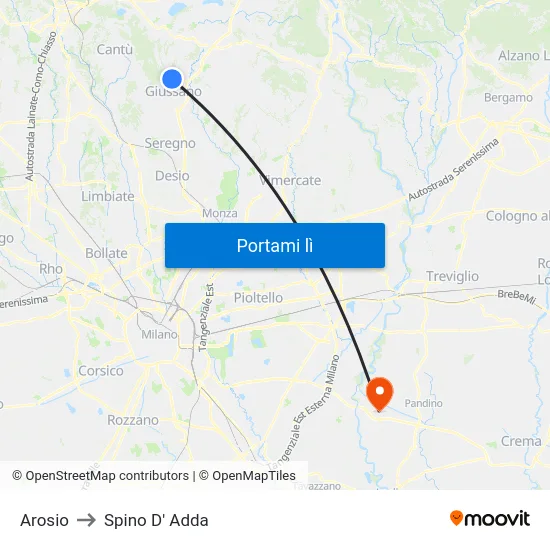 Arosio to Spino D' Adda map