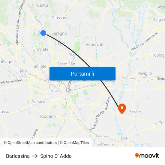 Barlassina to Spino D' Adda map